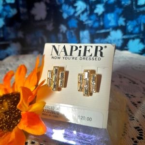 NWT Napier Vintage Square Rhinestone Gold Tone Earrings